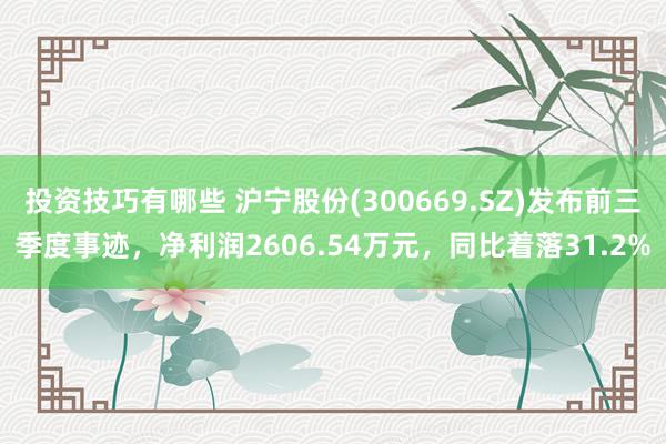 投资技巧有哪些 沪宁股份(300669.SZ)发布前三季度事迹，净利润2606.54万元，同比着落31.2%