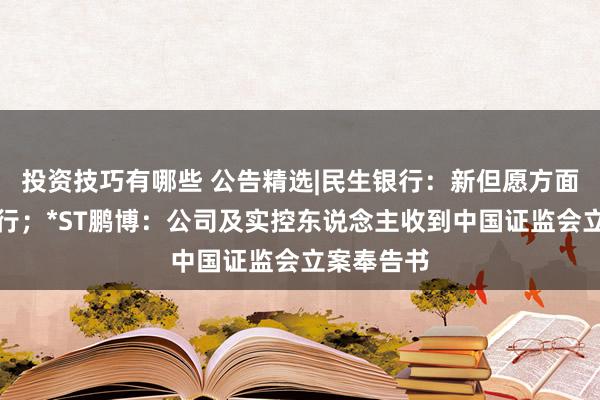 投资技巧有哪些 公告精选|民生银行：新但愿方面拟举牌本行；*ST鹏博：公司及实控东说念主收到中国证监会立案奉告书