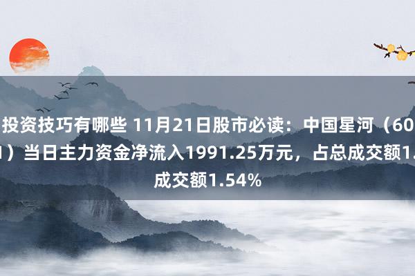 投资技巧有哪些 11月21日股市必读：中国星河（601881）当日主力资金净流入1991.25万元，占总成交额1.54%