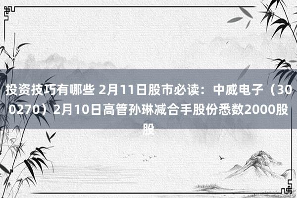 投资技巧有哪些 2月11日股市必读：中威电子（300270）2月10日高管孙琳减合手股份悉数2000股