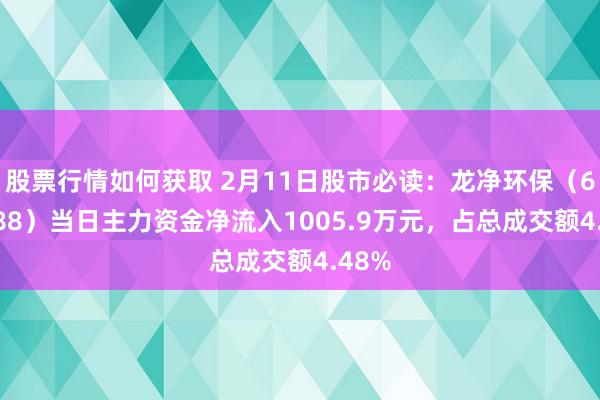 股票行情如何获取 2月11日股市必读：龙净环保（600388）当日主力资金净流入1005.9万元，占总成交额4.48%