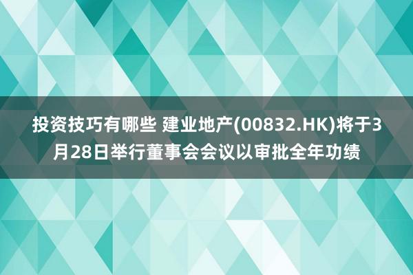 投资技巧有哪些 建业地产(00832.HK)将于3月28日举行董事会会议以审批全年功绩